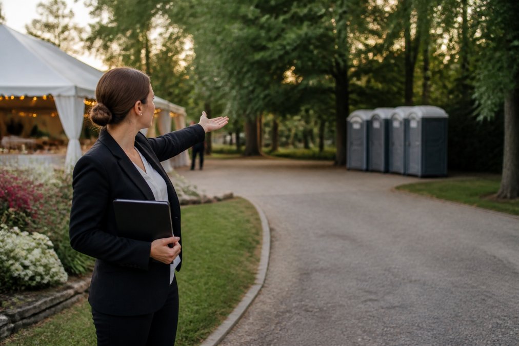 A wedding coordinator in business attire pointing toward a discreet row of portable restrooms placed near trees and a pathway at an outdoor venue, with a tent and string lights visible in the background