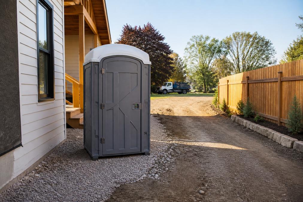 Portable toilet rental unit placed on a gravel pad at a residential home renovation site with clear truck access.