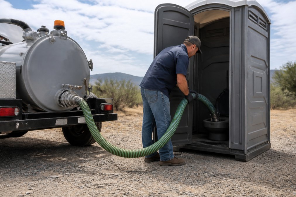 Service technician in work uniform performing pump-out maintenance on portable toilet unit in remote rural location with gravel ground and open landscape, using professional pumping equipment