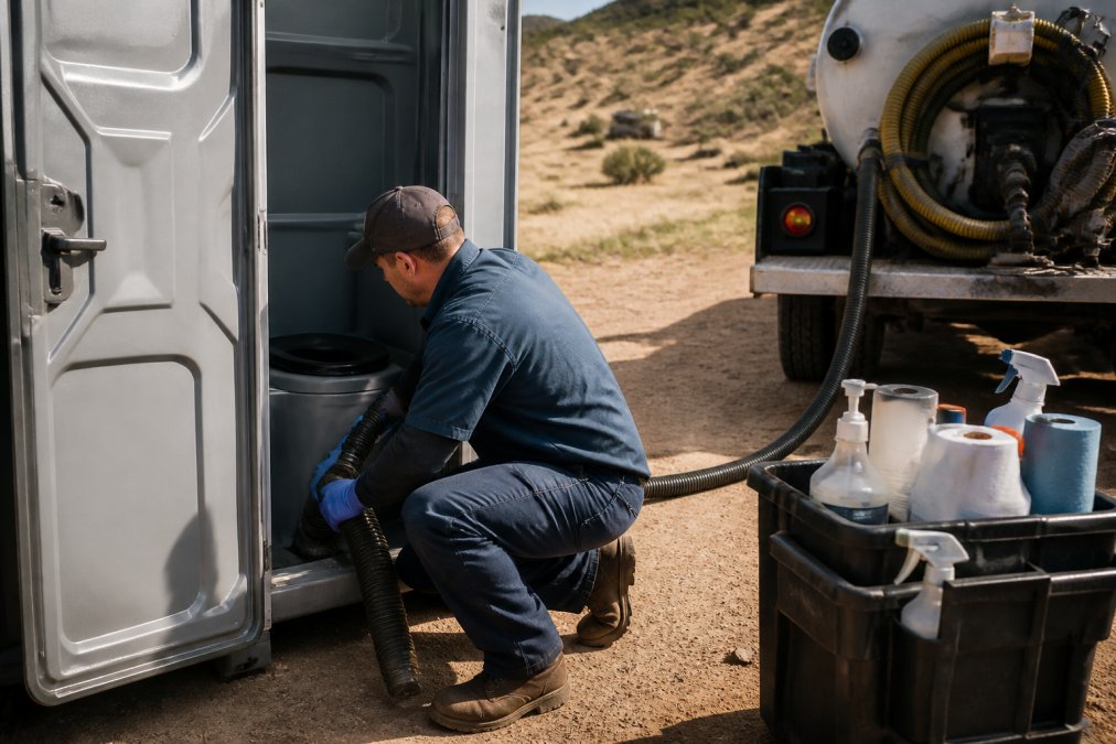 Professional sanitation technician performing maintenance on portable restroom unit during daylight, with service truck visible and supplies organized nearby