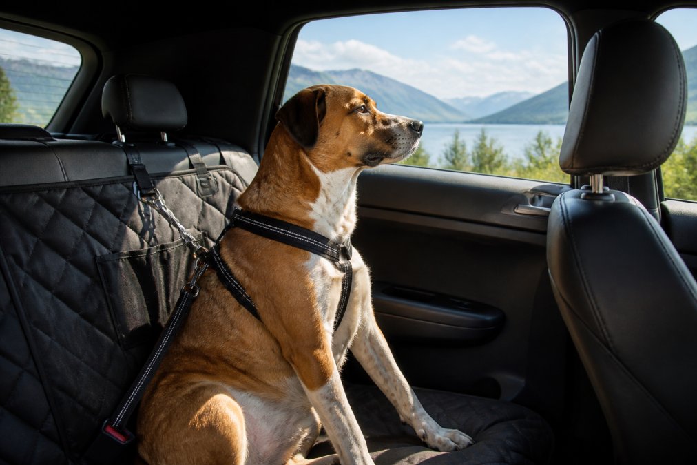 Active dog secured in a car seat with crash-tested harness, looking comfortable during a road trip with scenic landscape visible through the window