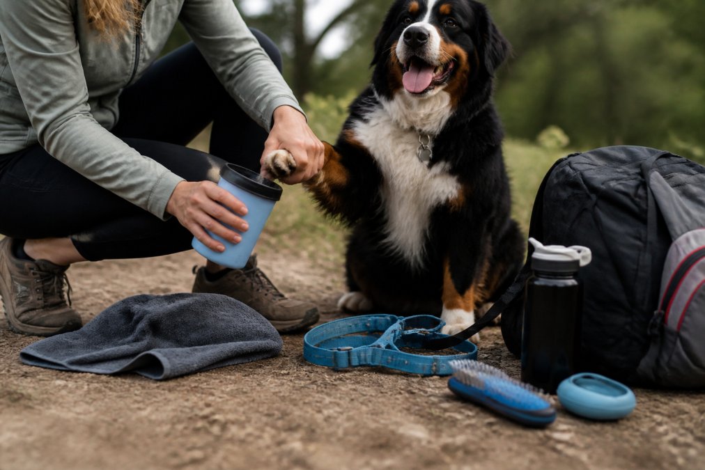 Dog's muddy paws being cleaned with a portable paw cleaner cup on a trail, with outdoor adventure gear laid out nearby