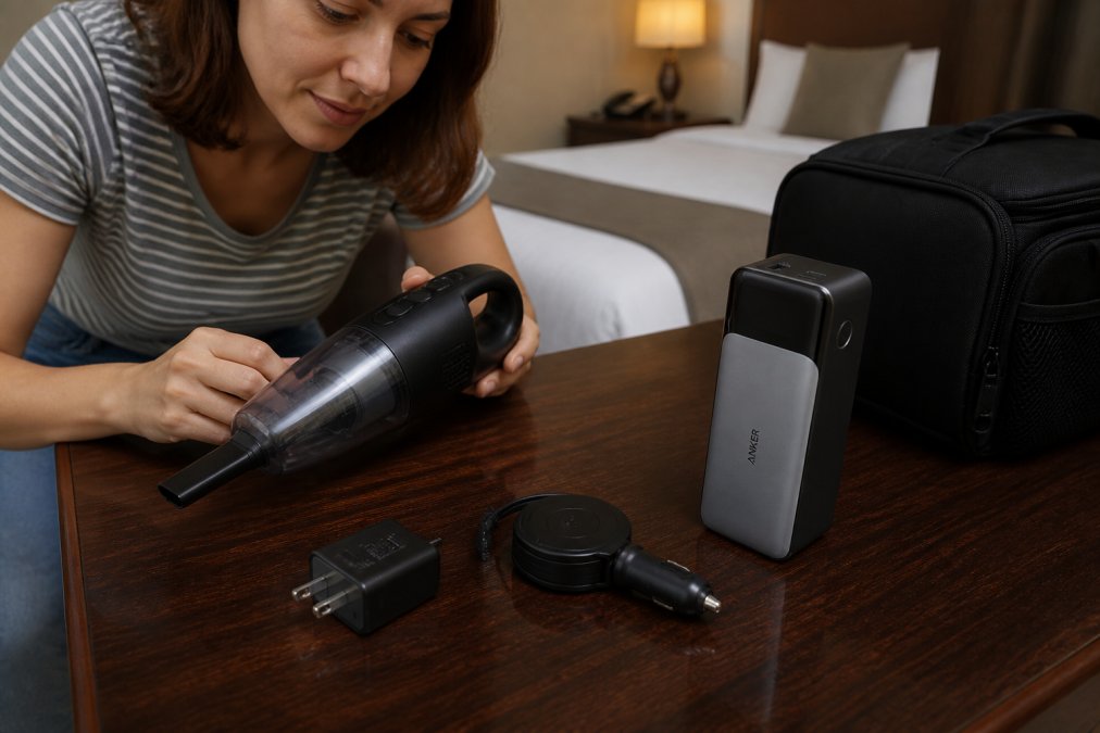 Close-up of portable charging solutions on a hotel desk: a high-capacity power bank, a compact USB-C wall charger, and a retractable car charger arranged next to a handheld vacuum