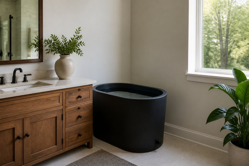 Portable cold plunge tub positioned in a residential bathroom corner next to a vanity, demonstrating compact placement without structural modifications or plumbing lines visible