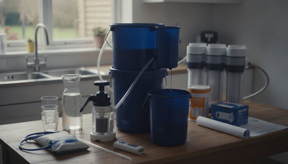 Various portable water filtration devices displayed on a kitchen counter including gravity-fed pitchers, squeeze bottles, and straw filters in natural sunlight