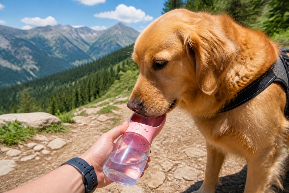 A golden retriever drinking from a portable water bottle held by a hiker's hand on a sunny mountain trail, with forested hillsides and blue sky visible in the background