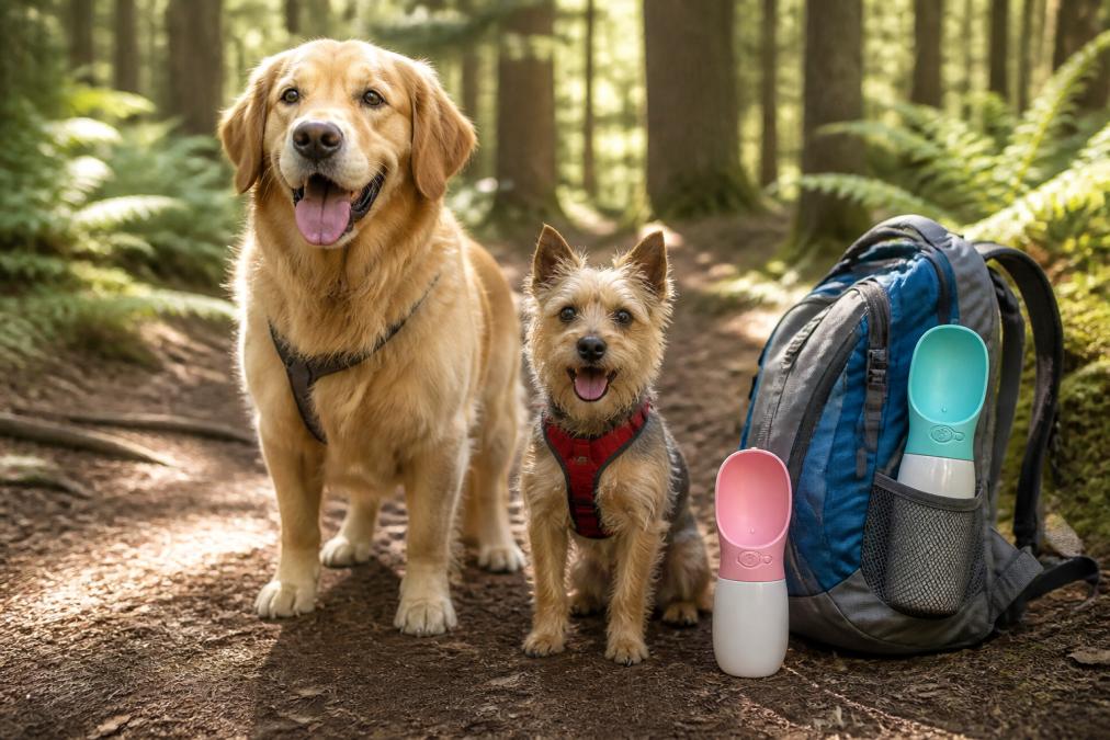 A small terrier and a large golden retriever standing side-by-side on a forest trail dappled with sunlight, both alert and healthy, with a hiking backpack containing portable water gear visible in the background