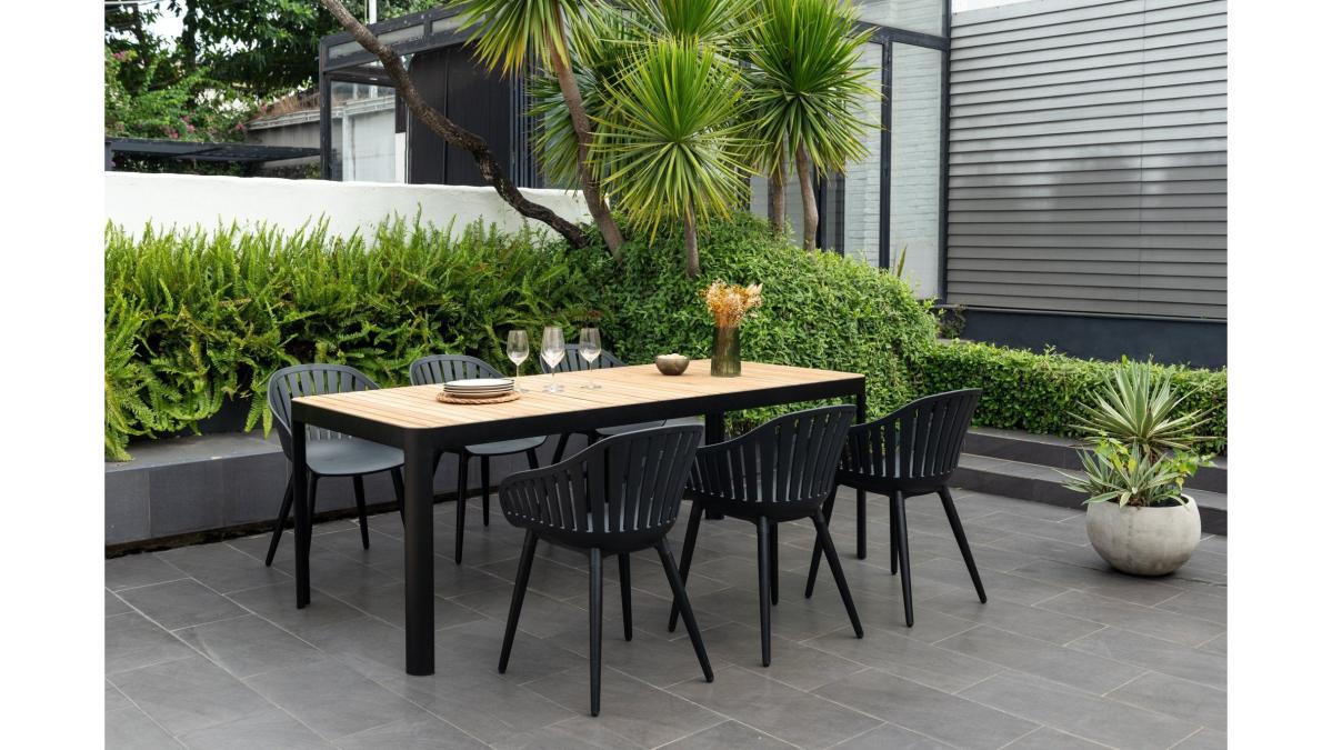 Portals Teak Outdoor Dining Table & 6 Nassau Black Chairs – 7-Piece Set