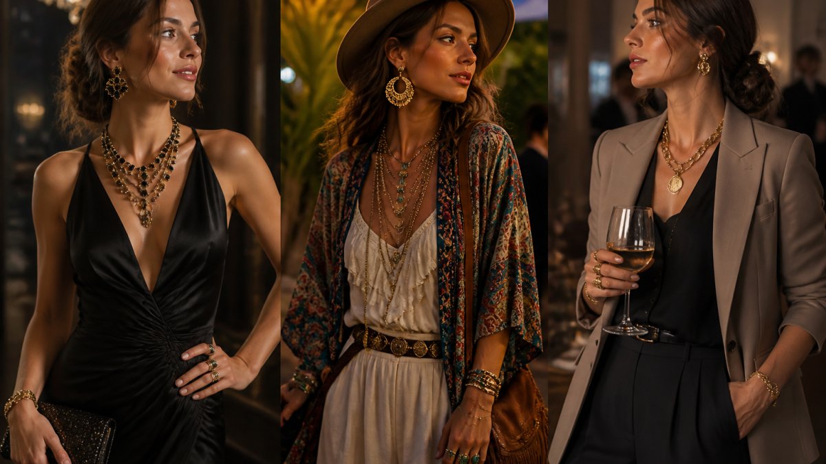 Three complete outfit examples showing maximaliste jewelry styling for evening event, bohemian party, and professional cocktail, each with coordinated clothing, jewelry placement, and color palette