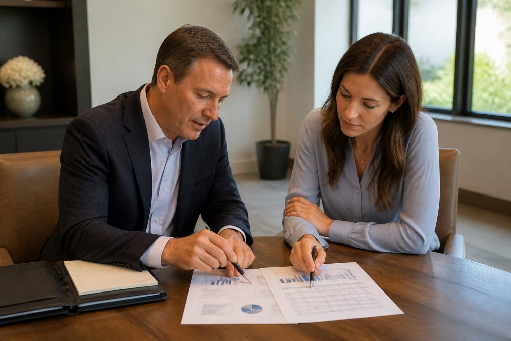 Financial advisor and client reviewing portfolio risk management charts at a modern office desk