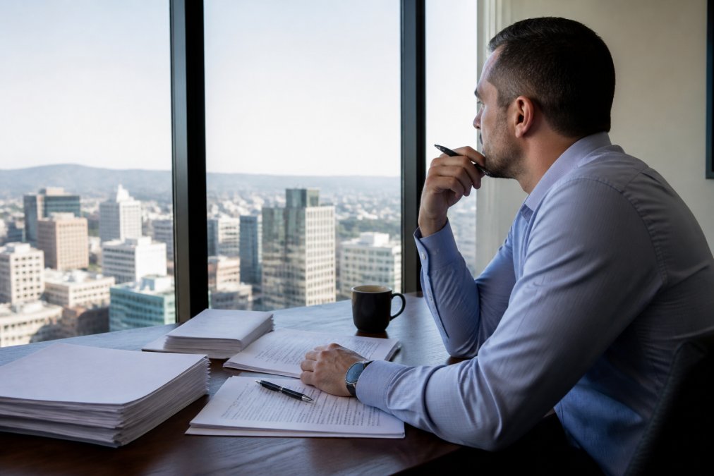 Asset manager reviewing financial reports on a large monitor at a clean desk, with printed loan documents and a coffee cup nearby