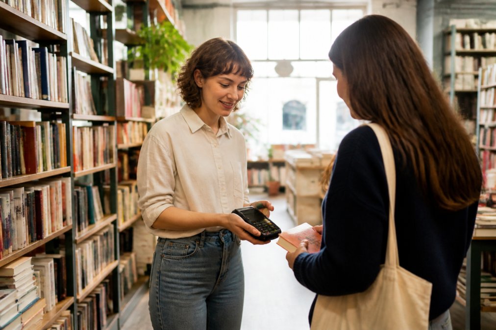 Libraia usa un pos mobile per un pagamento tra gli scaffali, valutando il confronto tra pos mobile vs pos fisso.