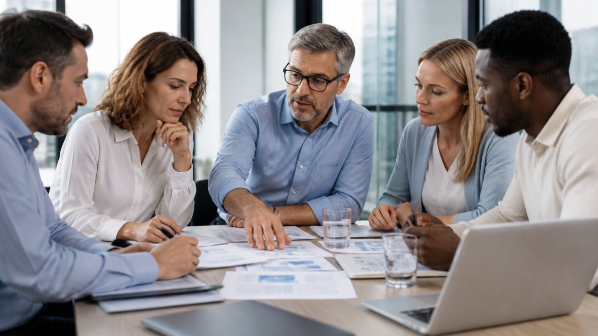 Business leaders collaborating on a post-acquisition integration strategy at a conference table with planning charts.