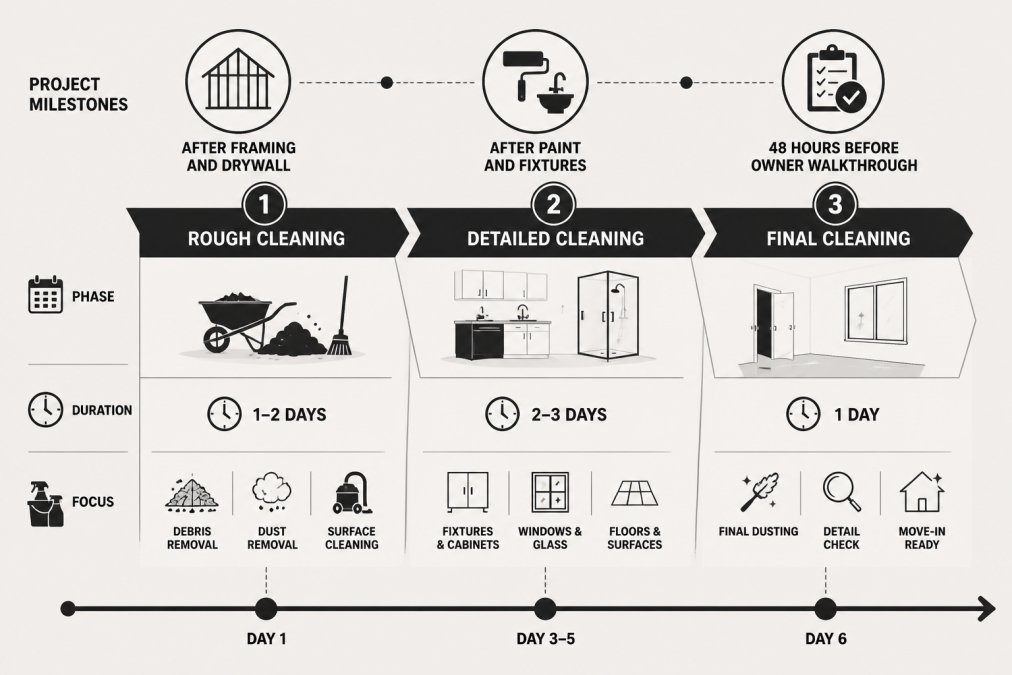 Timeline infographic showing three post construction cleaning phases mapped to project milestones and duration.