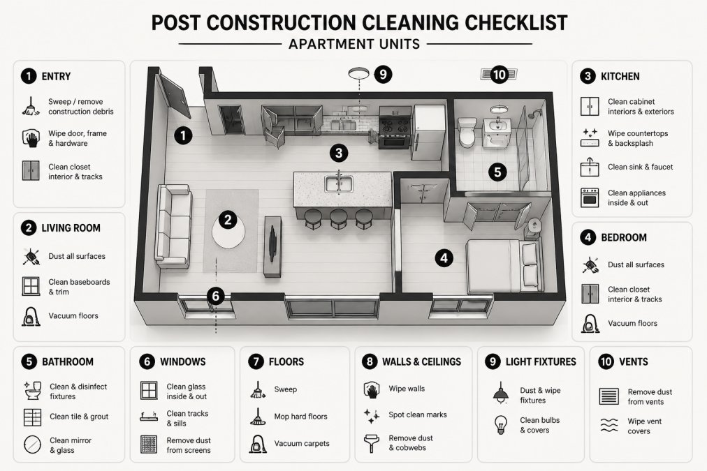 Room-by-room diagram for apartment post-construction cleaning: entry, living room, kitchen with cabinet interiors, countertops and appliances, bedroom, bathroom with fixtures and tile, windows with tracks and glass, floors, walls and ceilings, light fixtures, vents