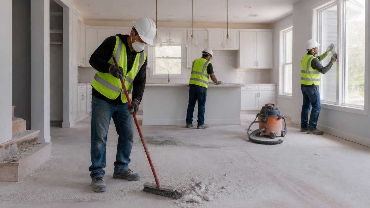 Professional cleaning crew in safety gear removing construction debris and dust from an empty residential interior space with natural lighting