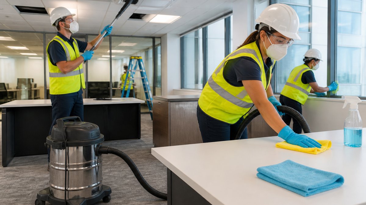 A professional cleaning crew in safety gear using HEPA vacuums and microfiber cloths to remove fine construction dust from office desks, window sills, and HVAC vents in a recently renovated commercial space