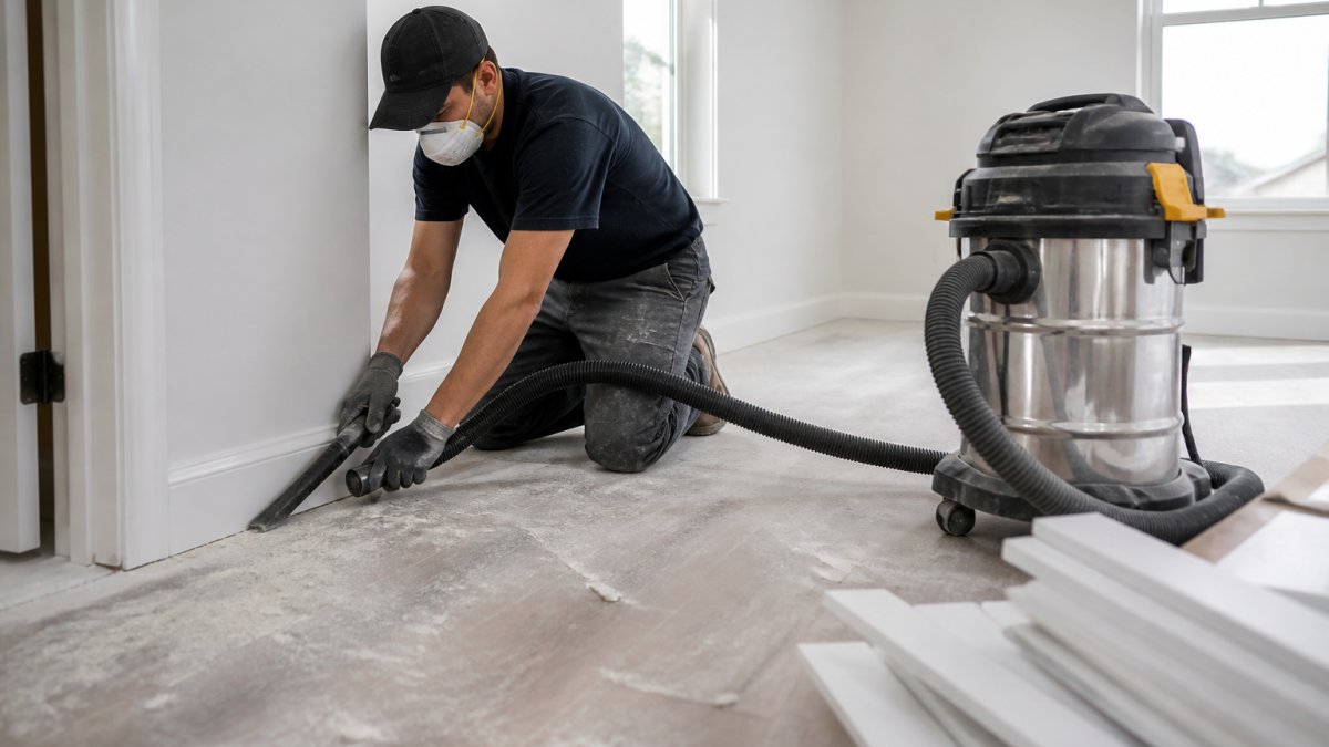 Professional demonstrating post construction cleaning without harsh chemicals technique, carefully vacuuming drywall dust from baseboards and flooring with HEPA equipment in bright modern space