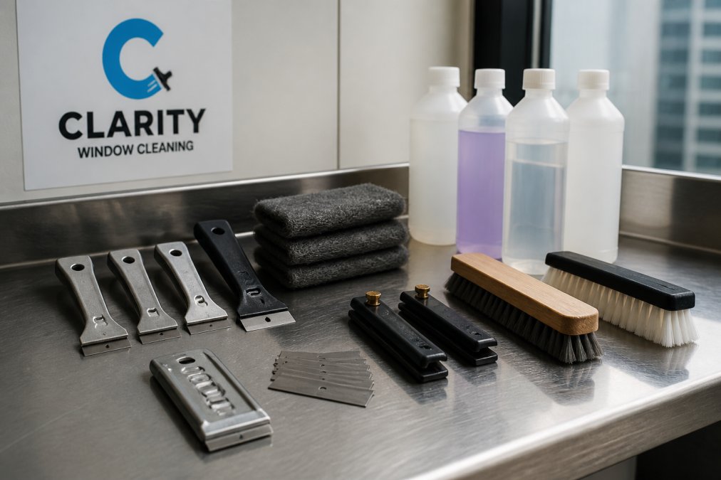 Professional tools for post-construction window cleaning, including scrapers, blades, and solvents on a workbench.