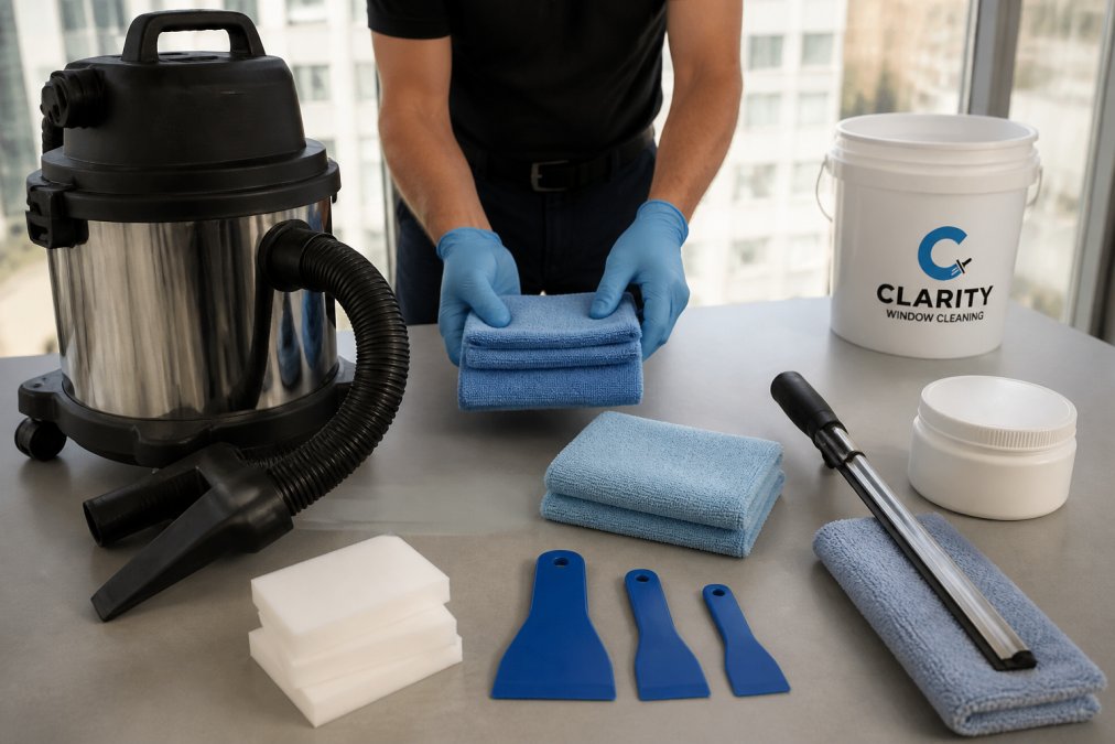 Professional technician organizing post-construction window cleaning equipment including wet-dry vacuum, microfiber cloths, plastic scrapers, squeegee, and polishing compound on a clean work surface in bright natural lighting