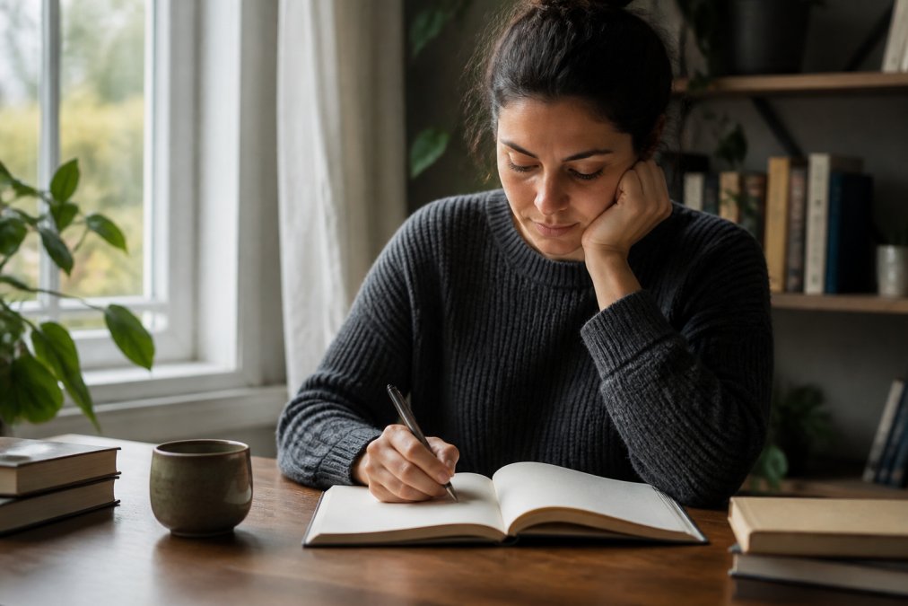Person writing in a journal with tea at a desk, practicing reflection techniques in a quiet, sunlit room.