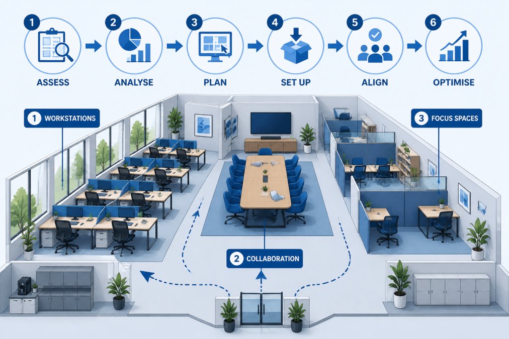 Modern office space with clearly defined zones showing individual workstations with ergonomic chairs, a collaborative meeting area with a large wooden table, and quiet focus spaces separated by low partitions, demonstrating efficient workflow arrangement with natural lighting from windows