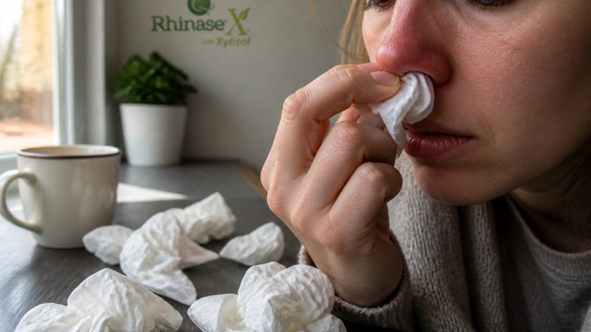 Close-up of person's face showing nasal area with visible tissue irritation, tissues scattered nearby on desk, natural morning light from window