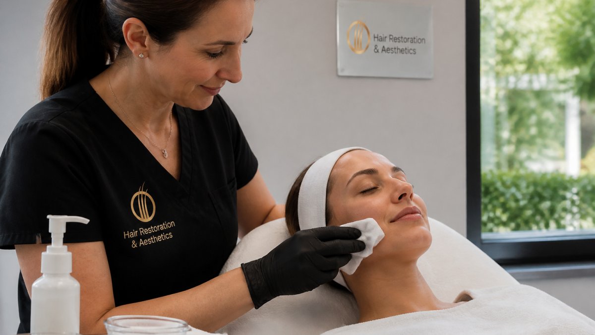 Professional demonstrating gentle cleansing technique on face with soft cloth and mild cleanser in modern clinical setting with natural lighting