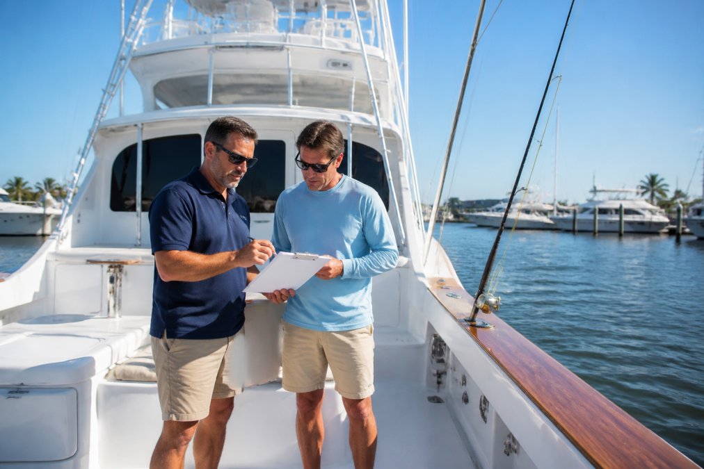 A marine professional and new yacht owner standing on the deck of a large sportfish yacht during a walkthrough inspection, reviewing documents on a clipboard in bright coastal sunlight