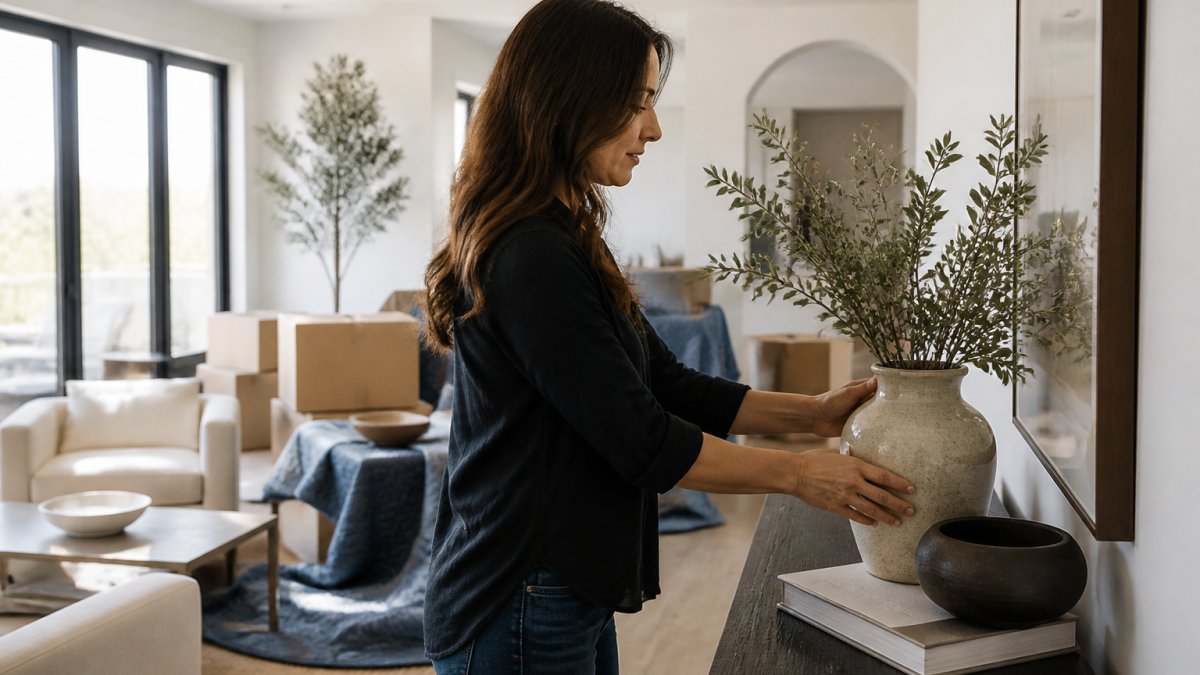 Infographic timeline for post renovation styling, moving furniture, and final decor setup in a living room.