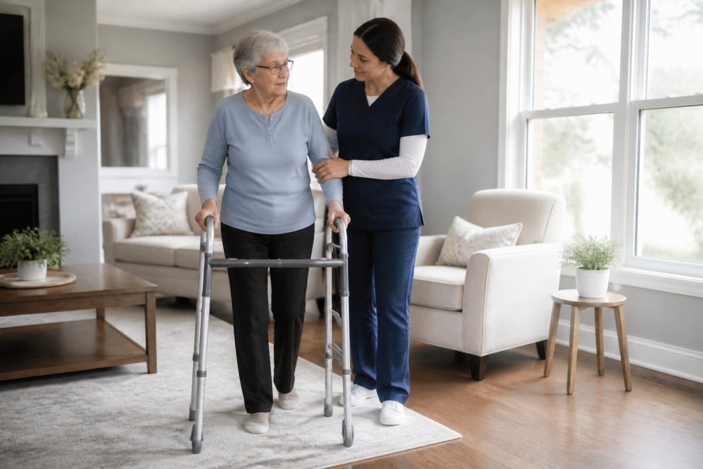 A caregiver gently guiding a senior patient using a walker through a bright, clutter-free living room with clear pathways and natural light from nearby windows