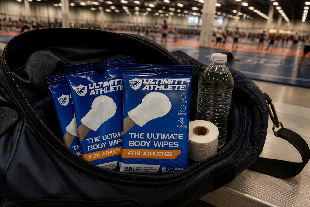 Close-up of a gym bag open on a bench with individually-wrapped body wipes, a water bottle, and athletic tape inside, blurred tournament venue visible in the background under fluorescent lighting