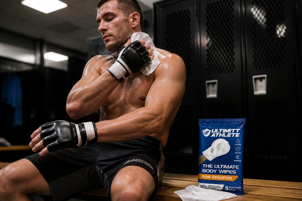 A male MMA athlete in training shorts wiping down his forearms and neck with a large body wipe mitt in a gym locker room after training, athletic gear still on, overhead fluorescent lighting