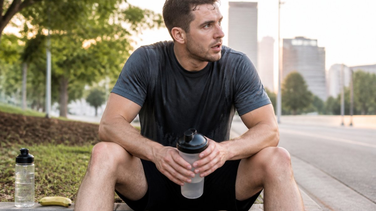 Endurance runner resting on a city curb with a shaker bottle and banana after a morning training run