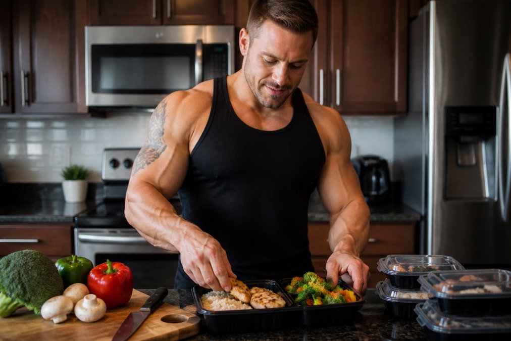Bodybuilder preparing a meal of grilled chicken, rice, and vegetables for post-workout nutrition for new bodybuilders