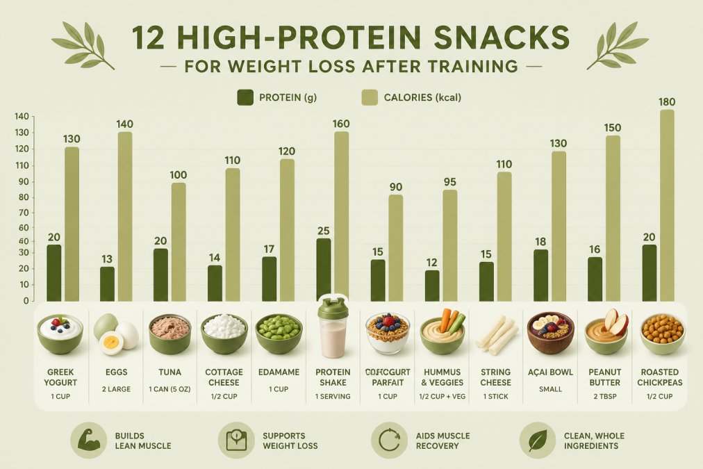 Bar chart comparing protein grams and approximate calories per serving across 12 post-workout snacks, including Greek yogurt, eggs, tuna, cottage cheese, edamame, and a protein shake