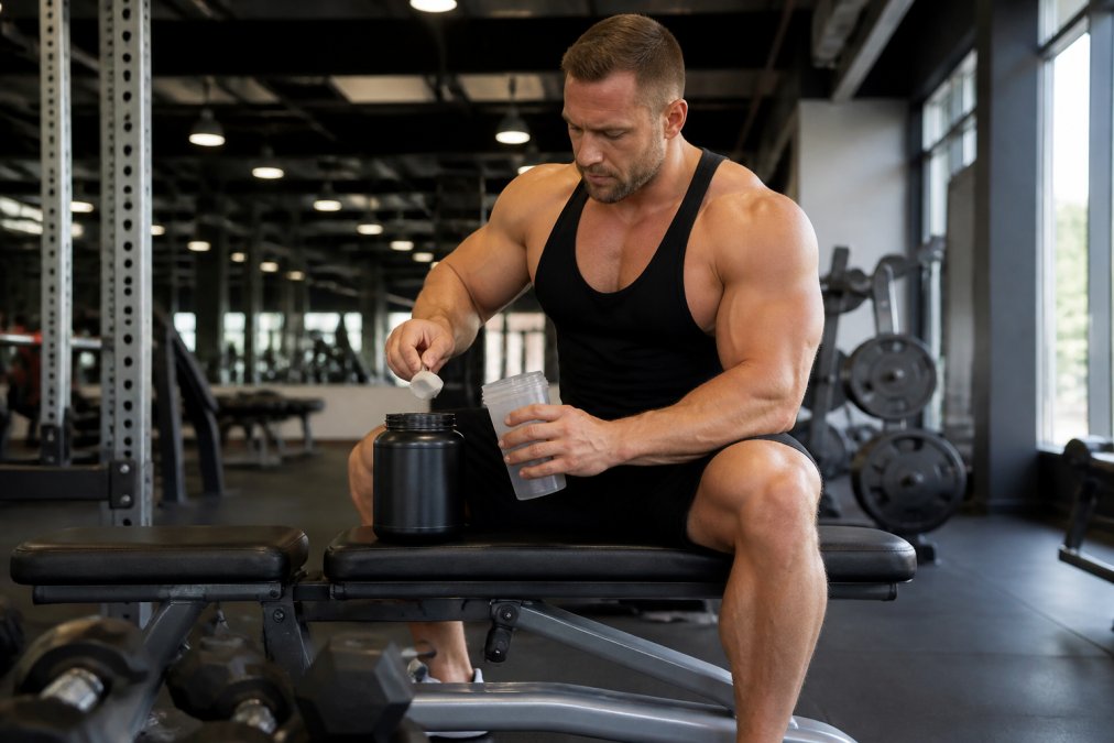 Muscular athlete mixing a protein shake on a gym bench with creatine and dumbbells nearby