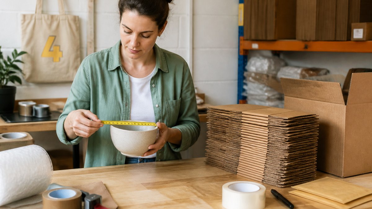 A small business owner measuring a ceramic bowl with a tape measure next to a stack of flat-packed cardboard boxes on a wooden packing bench, warm workshop lighting