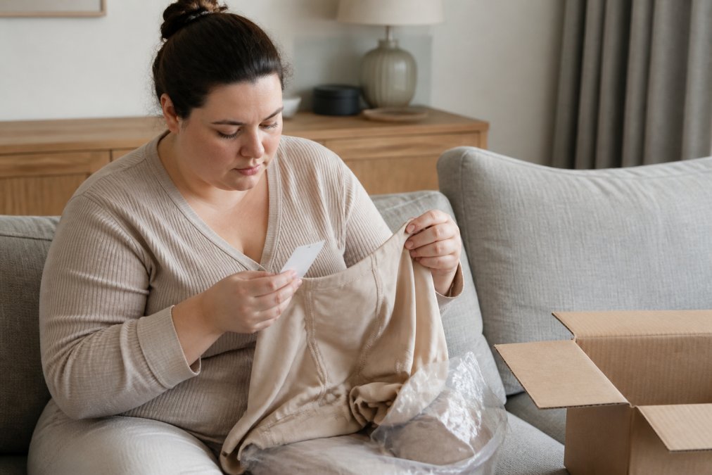 Woman at home carefully examining the original packaging and attached tags of a postpartum shapewear garment before preparing it for return, checking that everything remains unworn and in perfect condition