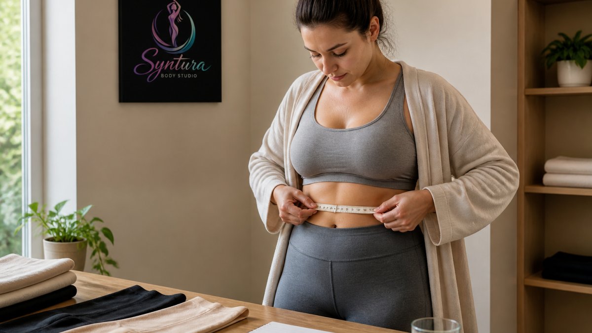 Woman measuring her waist with a soft measuring tape, wearing comfortable postpartum clothing, standing in natural light to show proper measurement positioning