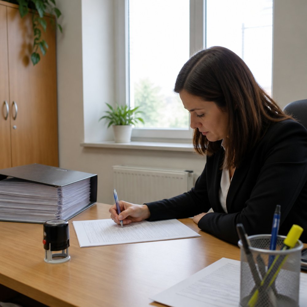 Osoba u psacího stolu vyplňuje formulář ohlášení na notebooku, vedle leží šanon s dokumenty a razítkem, v pozadí kancelář s denním světlem