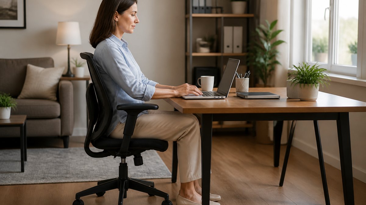 Professional woman sitting at a desk with proper posture and screen at eye level in a bright office