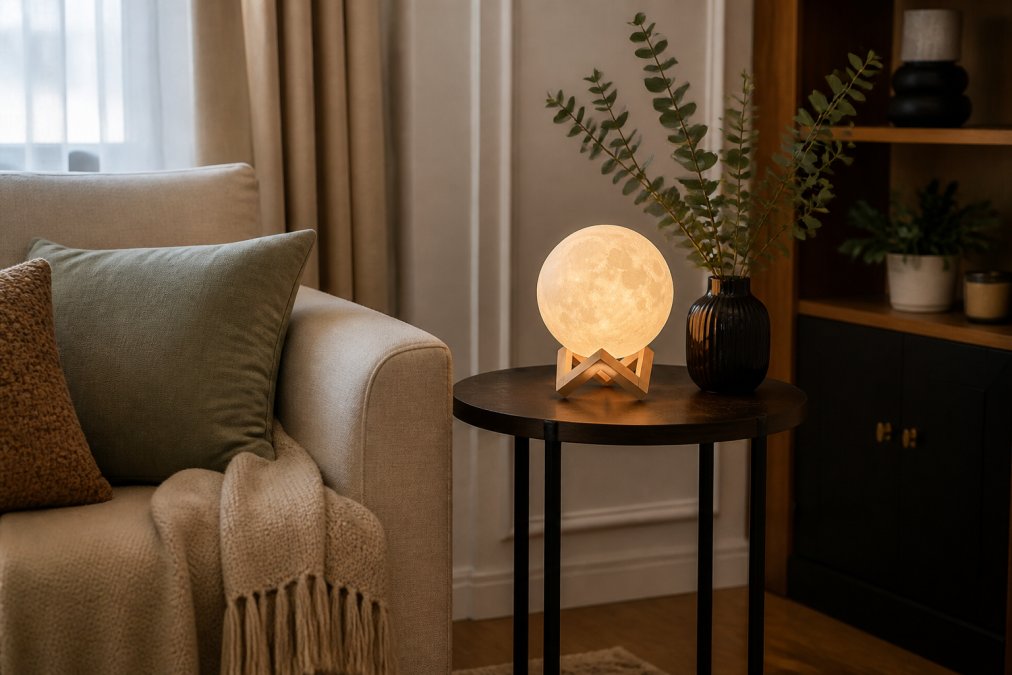A cozy living room corner styled with warm lighting, layered textiles, and a small decorative LED moon lamp on a side table, creating a calm, high-end atmosphere