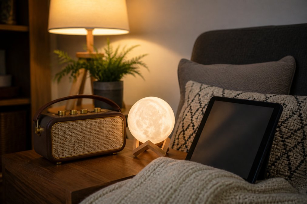 A cozy living room corner with a retro-style Bluetooth speaker on a wooden side table, a small starry moon lamp glowing softly beside it, and a tablet propped against a cushion showing a gift guide page, warm evening lamplight, styled with modern home decor