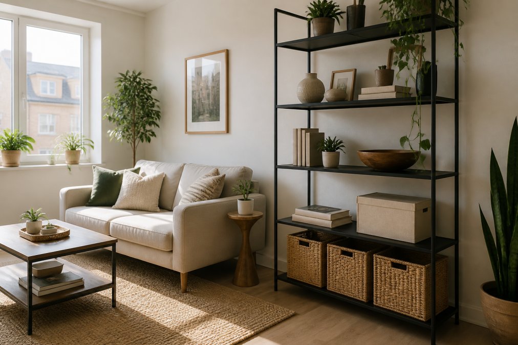 A bright compact apartment living room with a slim black metal shelving unit against the wall, neatly organized baskets on lower shelves, and a small sofa with clean lines, natural daylight streaming from a nearby window