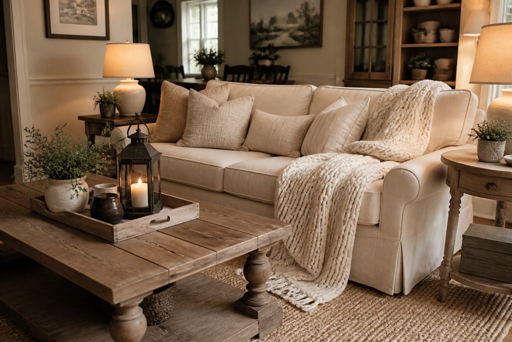 Cozy living room with farmhouse-style decor featuring neutral beige and cream tones, natural wood coffee table, layered textiles including a chunky knit throw blanket, decorative pillows in soft neutrals, and warm ambient lighting from table lamps creating an inviting, lived-in atmosphere