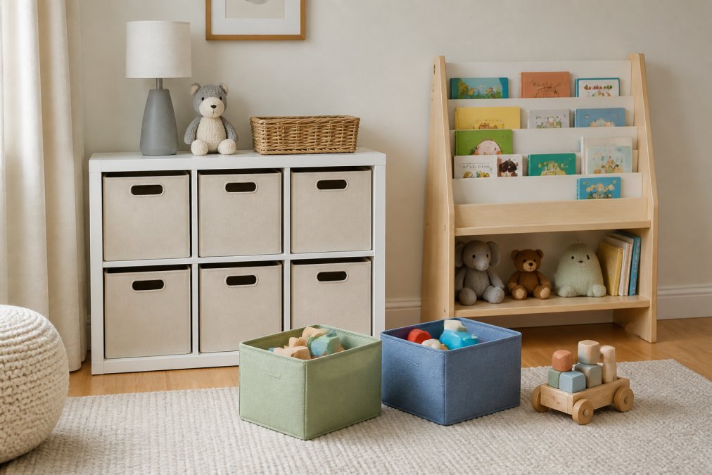A modern nursery room with a neatly organised storage unit, colourful toy bins, and a child's bookcase displaying books at child height, showing practical furniture arrangement