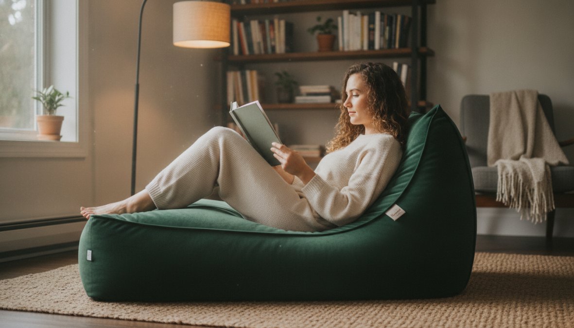 Une personne confortablement assise sur un pouf poire en velours, lisant un livre dans un coin lecture lumineux avec une lampe de lecture à proximité