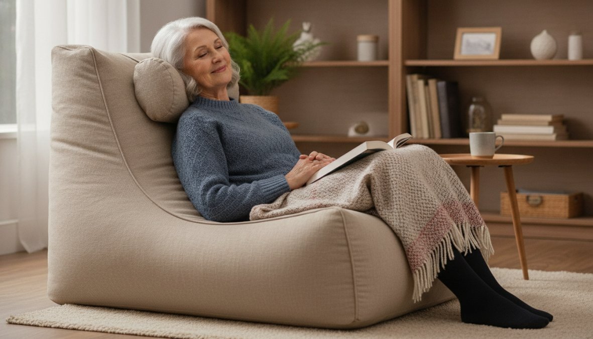 Personne âgée assise confortablement dans un pouf avec dossier, montrant le soutien cervical et lombaire approprié, dans un environnement de salon moderne