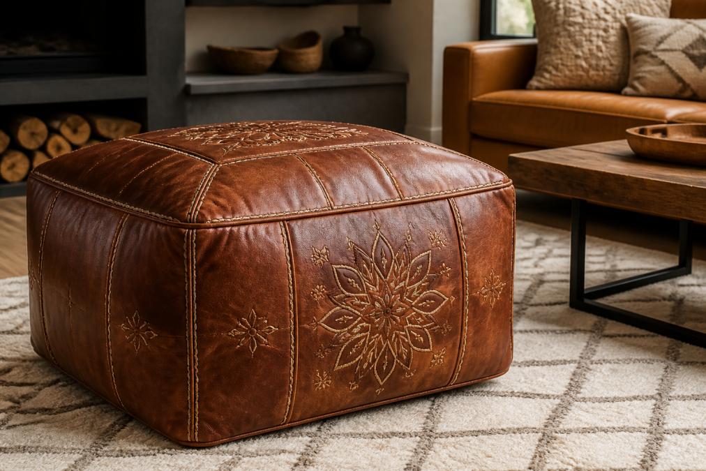 Gros plan d'un pouf haut de gamme en cuir véritable avec broderies détaillées, montrant la texture et la finition artisanale, les coutures renforcées visibles, dans un salon chaleureux avec décor contemporain